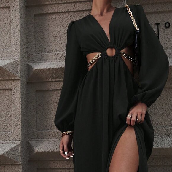 Black Preppy Womens Cut Out Waist Plunging Neck Lantern Sleeve Split Thi… - Picture 4 of 5